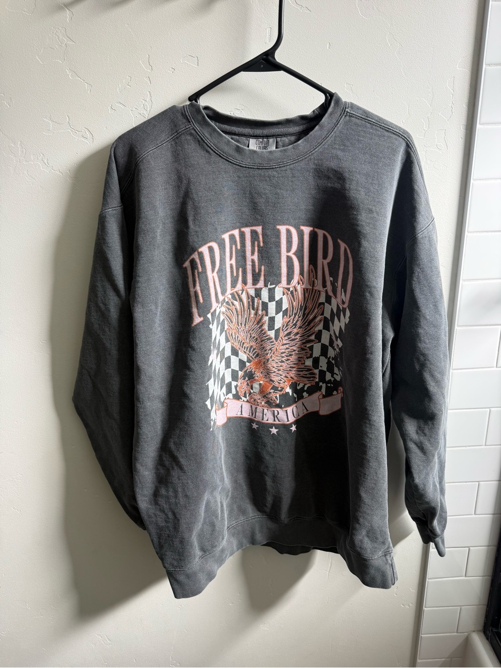 Comfort Colors Gray Crewneck Sweatshirt with Pink Free Bird Graphic